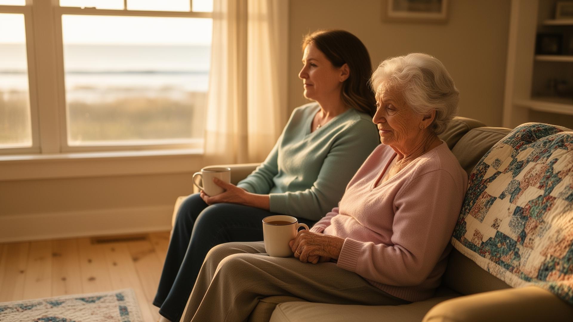 Adult daughter sitting with her elderly mother at home in Eastern North Carolina.